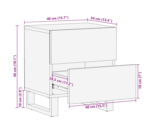 Mesita de noche de madera maciza de mango rugosa 40x34x46 cm