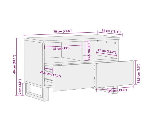 Mueble de TV madera maciza de mango rugosa 70x34x46 cm