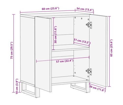 Aparador de madera maciza de mango rugosa 60x34x75 cm