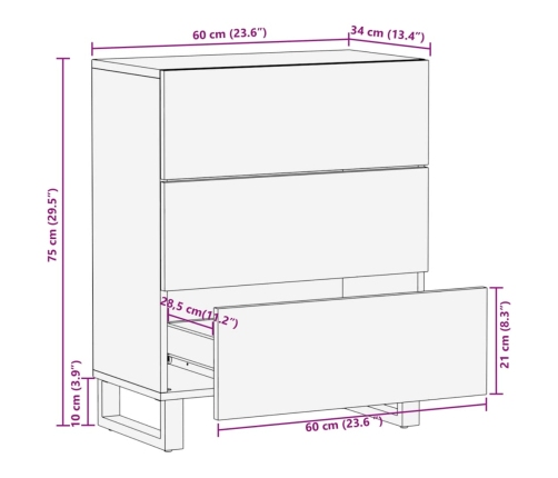 Aparador de madera maciza de mango rugosa 60x34x75 cm