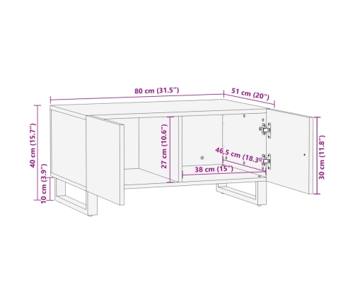 Mesa de centro de madera maciza de mango rugosa 80x51x40 cm