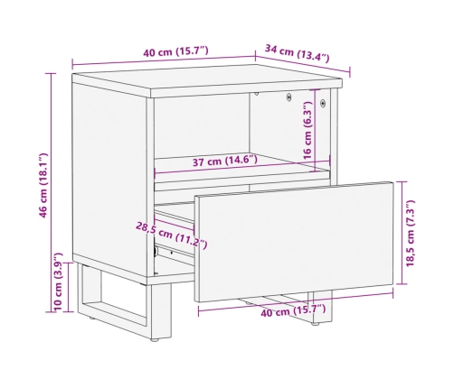 Mesita de noche de madera maciza de mango rugosa 40x34x46 cm