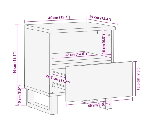 Mesita de noche de madera maciza de mango 40x34x46 cm