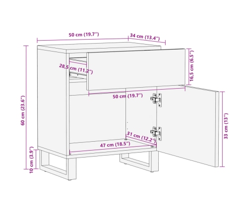 Mesita de noche madera maciza de acacia 50x34x60 cm