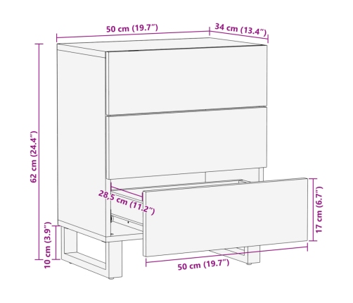 Mesita de noche de madera maciza de mango rugosa 50x34x62 cm