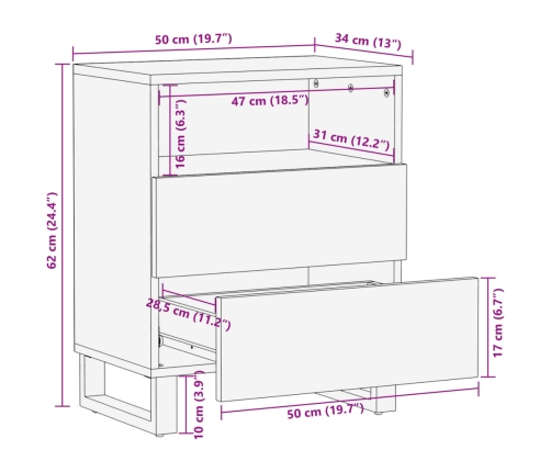 Mesita de noche de madera maciza de mango rugosa 50x34x62 cm