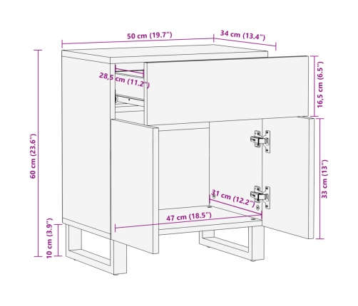 vidaXL Mesita de noche de madera maciza de mango rugosa 50x34x60 cm