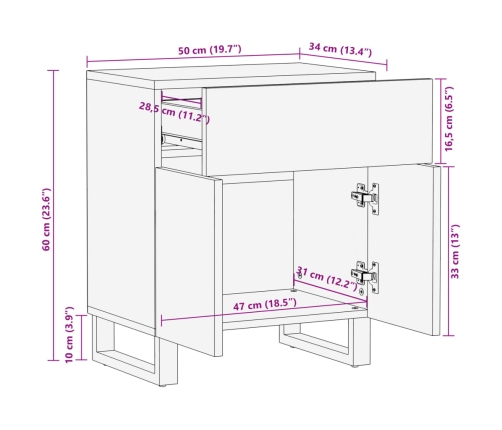 vidaXL Mesita de noche madera maciza mango marrón 50x34x60 cm