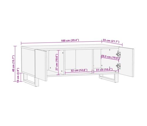 Mesa de centro de madera maciza de mango rugosa 100x55x40 cm