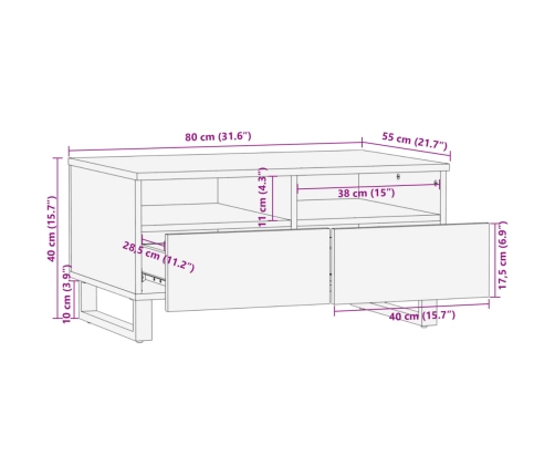 Mesa de centro de madera maciza de mango rugosa 80x55x40 cm