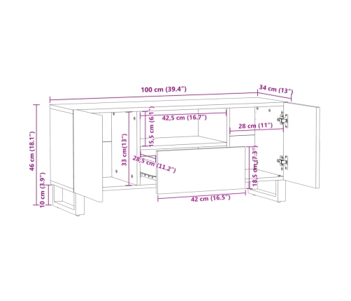 Mueble de TV madera maciza de mango rugosa 100x34x46 cm