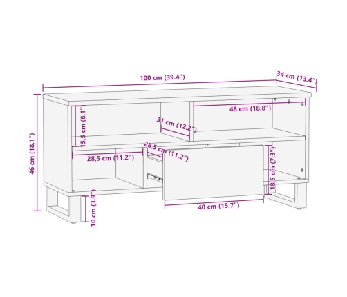 Mueble de TV madera maciza de mango rugosa 100x34x46 cm