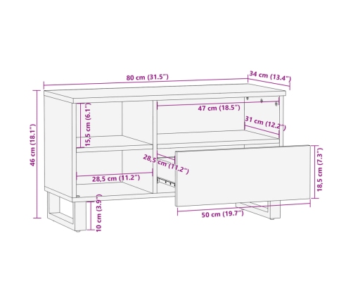 Mueble de TV madera maciza de mango rugosa 80x34x46 cm