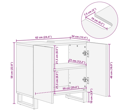 Armario de lavabo para baño madera maciza de mango 62x34x58 cm