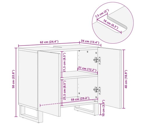 Armario de lavabo baño madera maciza mango marrón 62x34x58 cm