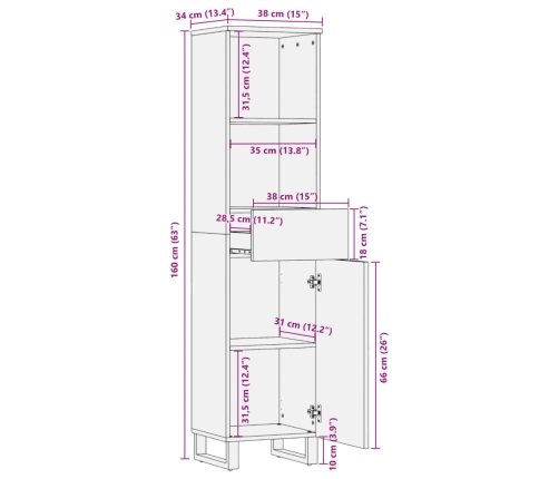 Aparador de madera maciza de mango rugosa 38x34x160 cm