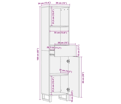 Aparador de madera maciza acacia 38x34x160 cm