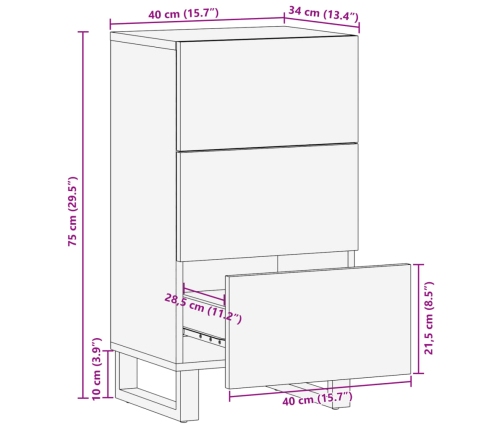 Aparador de madera maciza de mango rugosa 40x34x75 cm