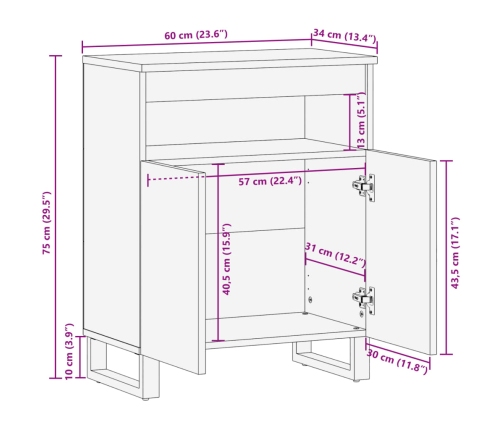 Aparador de madera maciza de mango rugosa 60x34x75 cm