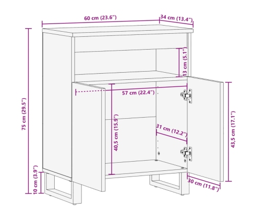 Aparador de madera maciza acacia 60x34x75 cm