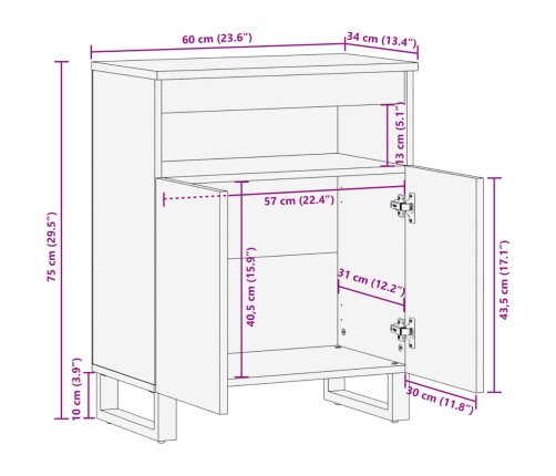 Aparador de madera maciza acacia 60x34x75 cm