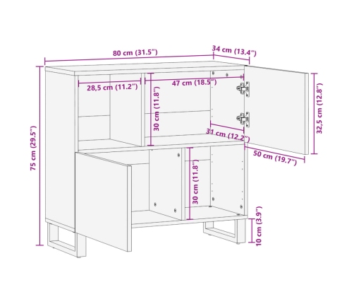 Aparador de madera maciza de mango rugosa 80x34x75 cm