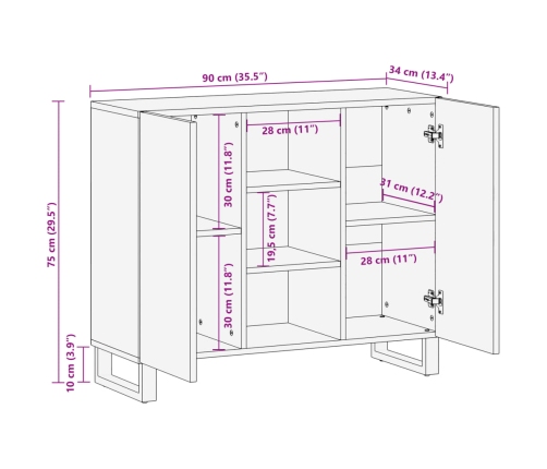 Aparador de madera maciza de mango rugosa 90x34x75 cm