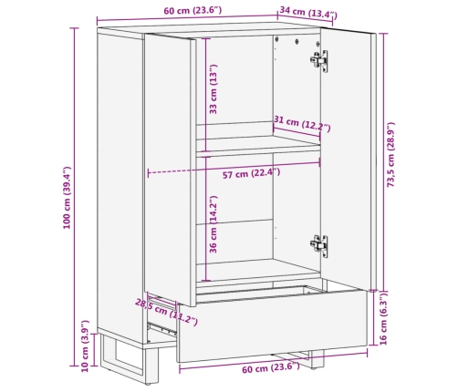 Aparador alto de madera maciza mango rugosa 60x34x100 cm