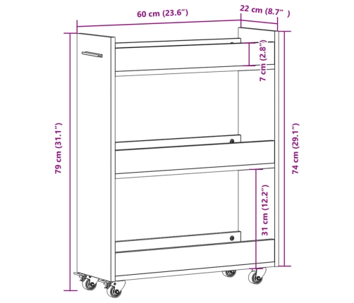 Armario con ruedas madera ingeniería roble marrón 60x22x79 cm