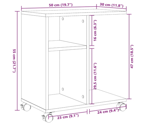 vidaXL Mesa auxiliar ruedas madera ingeniería gris Sonoma 50x30x55 cm