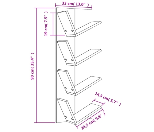 Estantería de pared 4 niveles marrón roble 33x16x90 cm