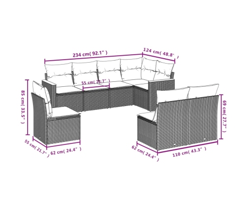 Set de sofás de jardín 8 pzas y cojines ratán sintético gris