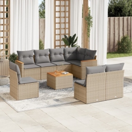 Juego de sofás jardín con cojines beige mezcla 9 pzas ratán PE
