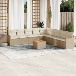 Juego de sofás jardín con cojines beige 10 pzas ratán sintético