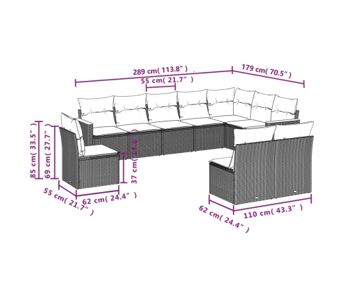 Set de sofás de jardín 10 pzas cojines ratán sintético negro