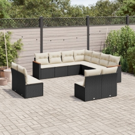 Set de sofás de jardín 11 pzas y cojines ratán sintético negro