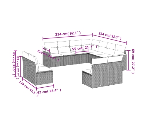 Set de sofás de jardín 11pzas con cojines ratán sintético beige