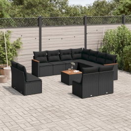 Set de sofás de jardín 12 piezas cojines ratán sintético negro