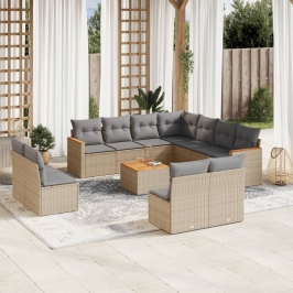 Juego de sofás jardín con cojines beige mezcla 12 pzas ratán PE