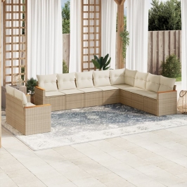 Juego de sofás jardín con cojines beige 10 pzas ratán sintético