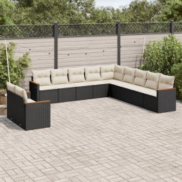 Set de sofás de jardín 11 pzas y cojines ratán sintético negro