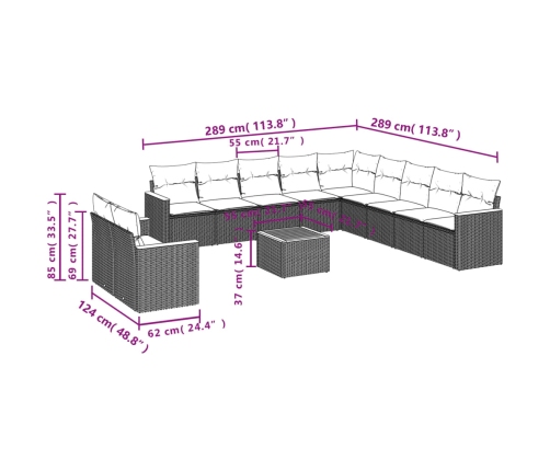Set de sofás de jardín 12 pzas y cojines ratán sintético marrón