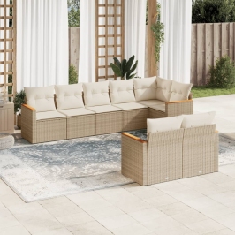 Juego de sofás de jardín con cojines beige 8 pzas ratán PE