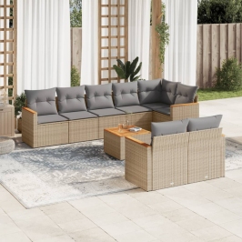 Juego de sofás jardín con cojines beige mezcla 9 pzas ratán PE