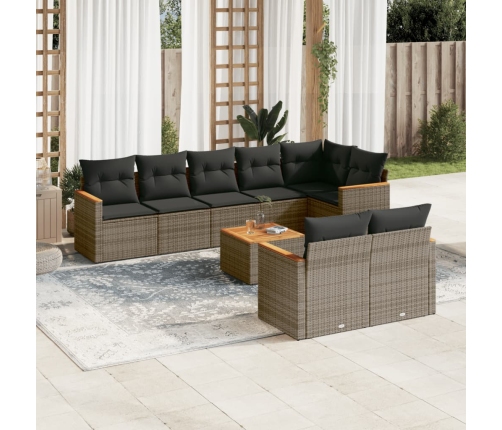 Set de muebles de jardín 9 pzas y cojines ratán sintético gris