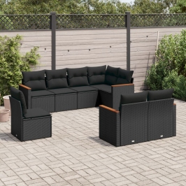 Set de sofás de jardín 8 piezas y cojines ratán sintético negro