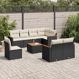Set de sofás de jardín 8 piezas y cojines ratán sintético negro