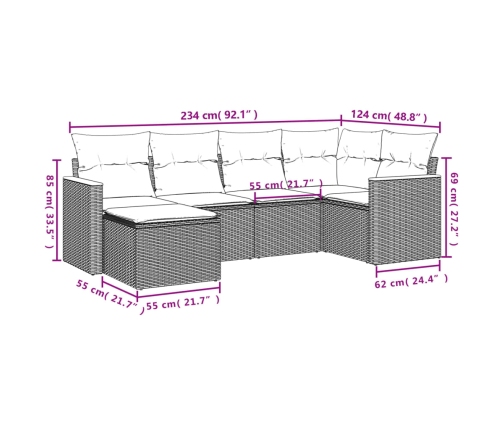 Set de sofás de jardín 6 piezas y cojines ratán sintético negro