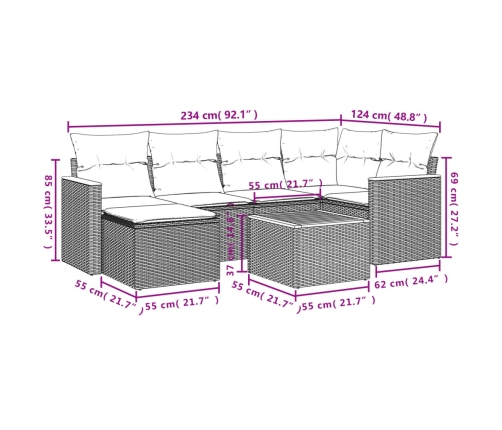 Set de comedor de jardín 7 pzas y cojines ratán sintético negro