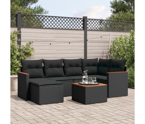 Set de comedor de jardín 7 pzas y cojines ratán sintético negro